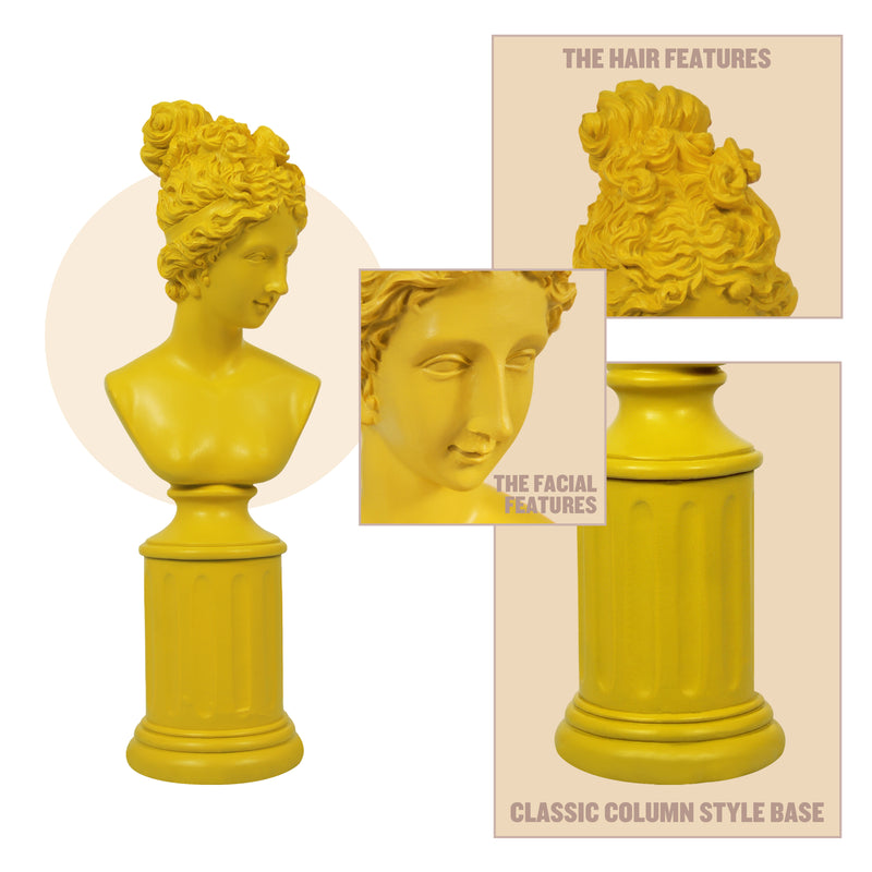 Modern Classical Lady Bust Statue, Yellow Decorative Sculpture Accent Décor for Shelves Desks Mantels, 12.5'' Tall Resin Female Figure on Pedesta Sculpture