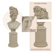Stone bust with detailed hair and facial features on a white background