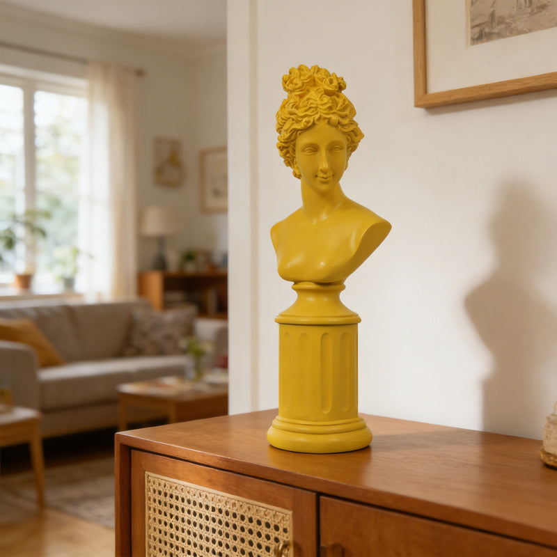Modern Classical Lady Bust Statue, Yellow Decorative Sculpture Accent Décor for Shelves Desks Mantels, 12.5'' Tall Resin Female Figure on Pedesta Sculpture
