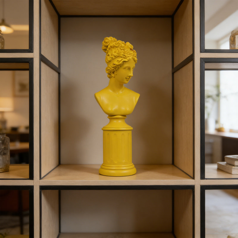 Modern Classical Lady Bust Statue, Yellow Decorative Sculpture Accent Décor for Shelves Desks Mantels, 12.5'' Tall Resin Female Figure on Pedesta Sculpture
