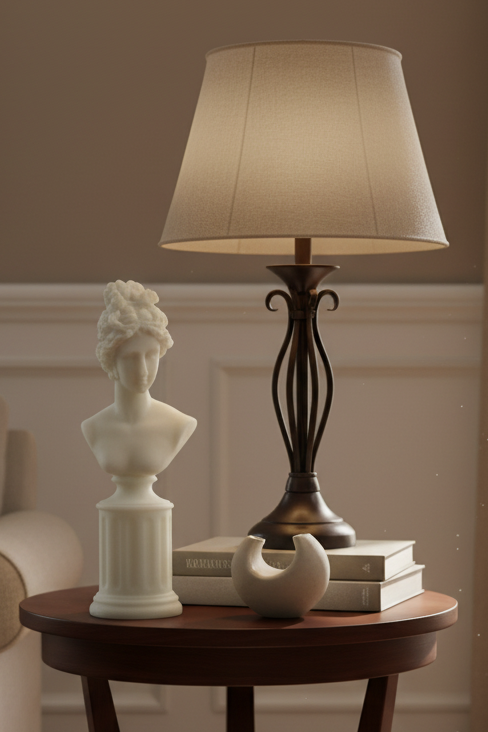 Living room with a lamp, books, and decorative items on a wooden side table.