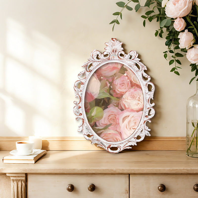 Distressed White Ornate Frame 13x18 in, 10x13.5 Oval Opening, Shabby Chic Style Open Back Resin Frame for DIY Crafts, Canvas Art, Wall Decor
