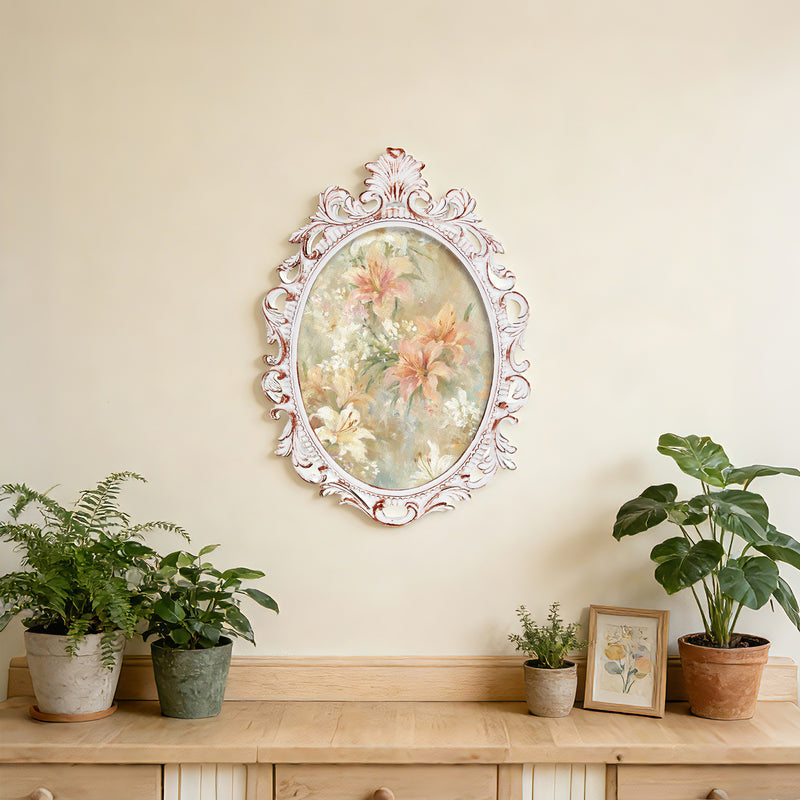 Distressed White Ornate Frame 13x18 in, 10x13.5 Oval Opening, Shabby Chic Style Open Back Resin Frame for DIY Crafts, Canvas Art, Wall Decor