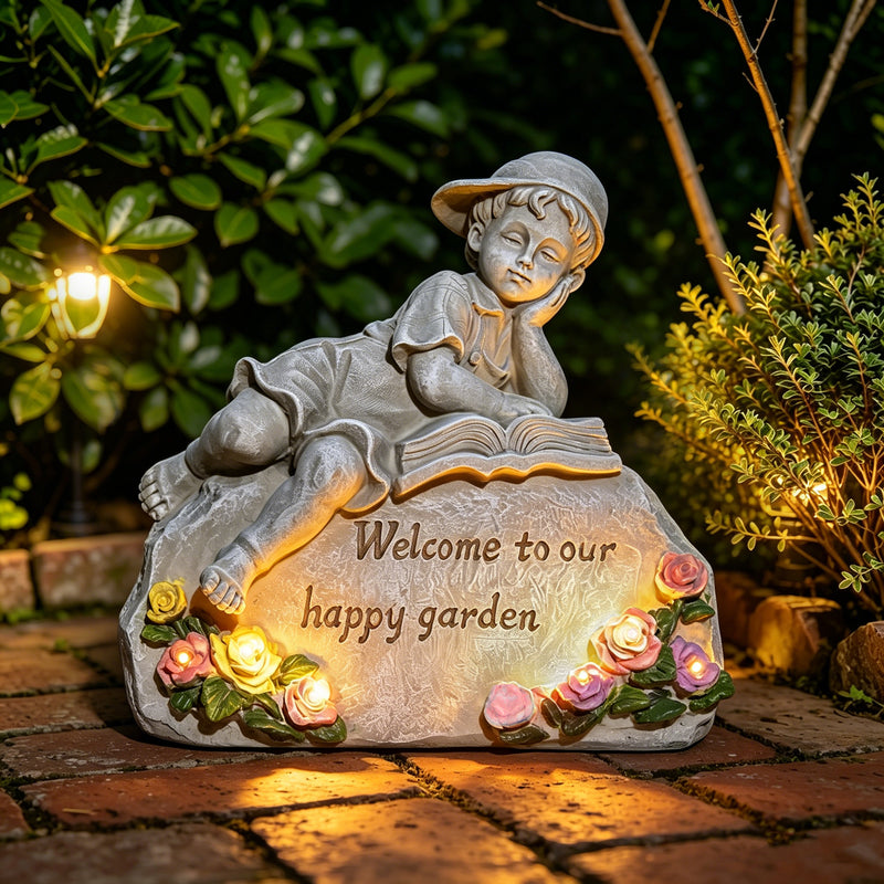 Solar Garden Statue with LED Lights for Outdoor Patio Pathway Porch Decor, Welcome to Our Happy Garden Engraved