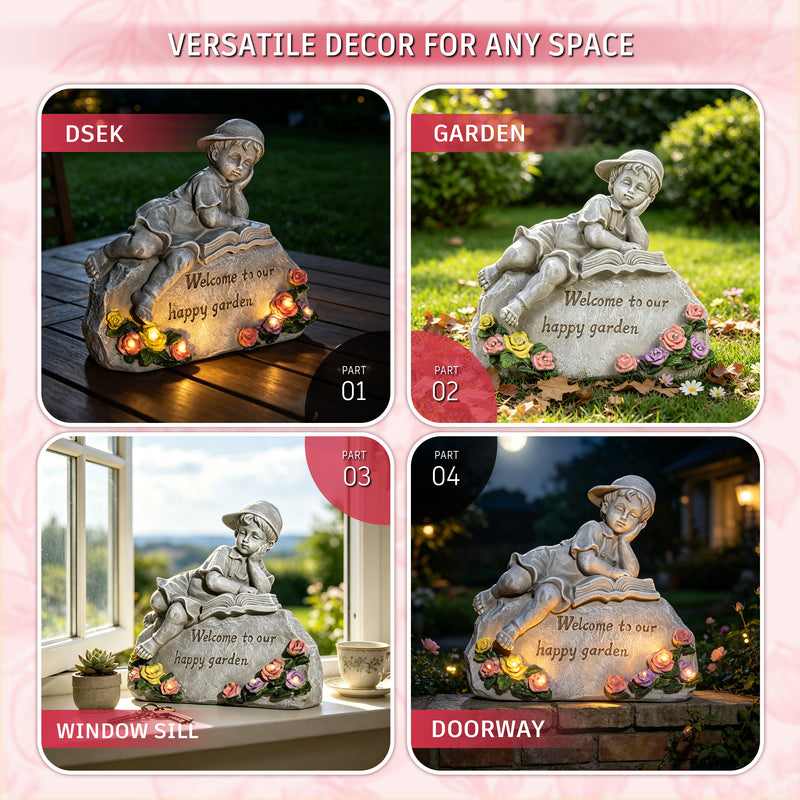 Solar Garden Statue with LED Lights for Outdoor Patio Pathway Porch Decor, Welcome to Our Happy Garden Engraved