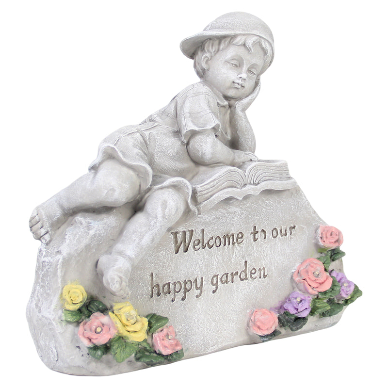 Solar Garden Statue with LED Lights for Outdoor Patio Pathway Porch Decor, Welcome to Our Happy Garden Engraved