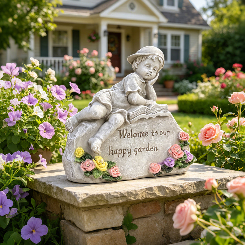 Solar Garden Statue with LED Lights for Outdoor Patio Pathway Porch Decor, Welcome to Our Happy Garden Engraved