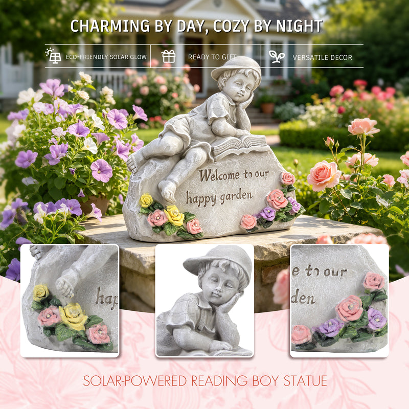 Solar Garden Statue with LED Lights for Outdoor Patio Pathway Porch Decor, Welcome to Our Happy Garden Engraved