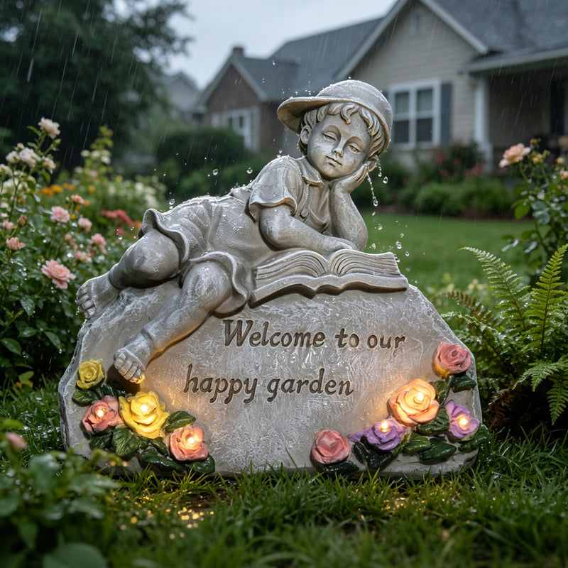Solar Garden Statue with LED Lights for Outdoor Patio Pathway Porch Decor, Welcome to Our Happy Garden Engraved