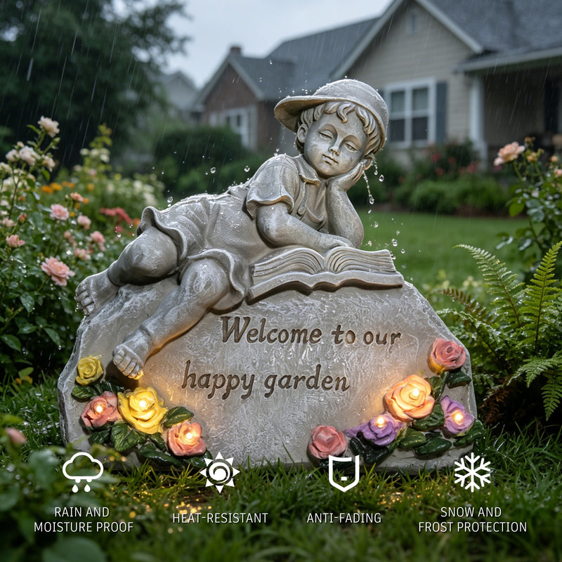 Solar Garden Statue with LED Lights for Outdoor Patio Pathway Porch Decor, Welcome to Our Happy Garden Engraved