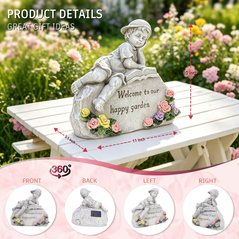 Solar Garden Statue with LED Lights for Outdoor Patio Pathway Porch Decor, Welcome to Our Happy Garden Engraved