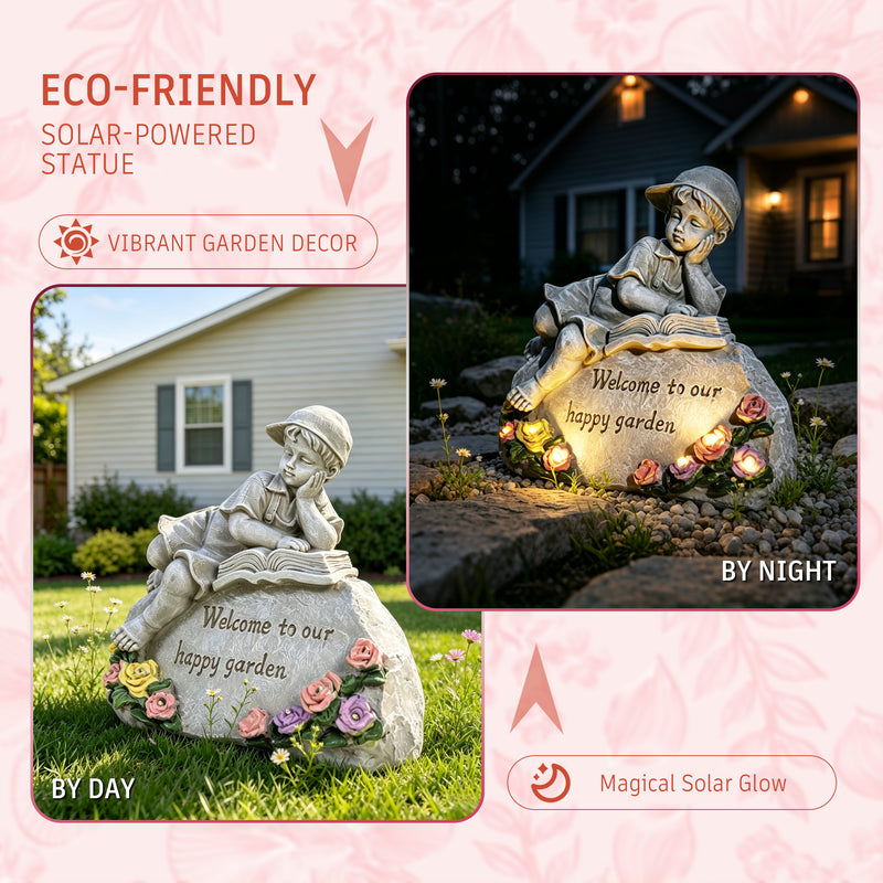 Solar Garden Statue with LED Lights for Outdoor Patio Pathway Porch Decor, Welcome to Our Happy Garden Engraved