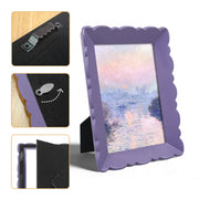 Purple scalloped photo frame with a scenic image inside, shown from multiple angles on a white background.