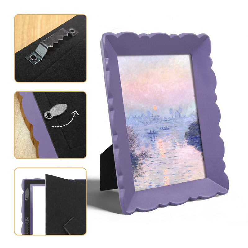 Purple scalloped photo frame with a scenic image inside, shown from multiple angles on a white background.