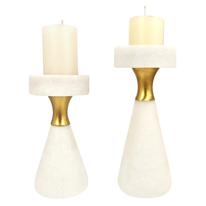 White pillar candle holders with sparkling accents forfor centerpieces, mantels, weddings, or gifts.