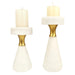 White pillar candle holders with sparkling accents forfor centerpieces, mantels, weddings, or gifts.