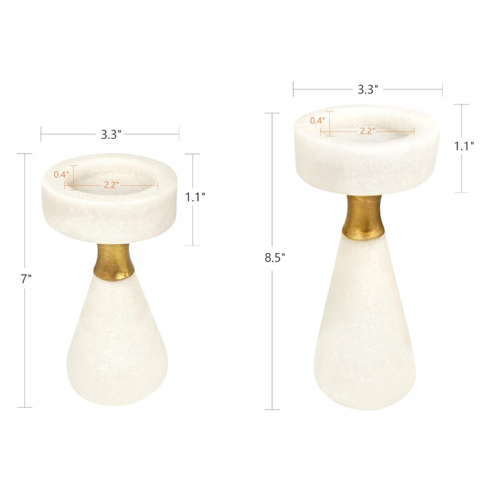 White pillar candle holders with sparkling accents forfor centerpieces, mantels, weddings, or gifts.