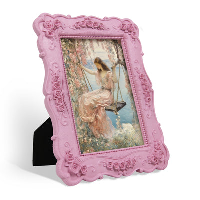 Pink 4x6 vintage 4x6 picture frame with hand-carved rose flower border displayed in home décor setting
