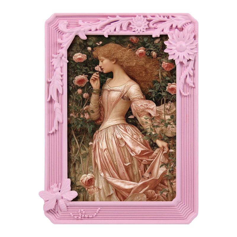 Vintage-style painting of a woman in a pink dress with a decorative pink frame.