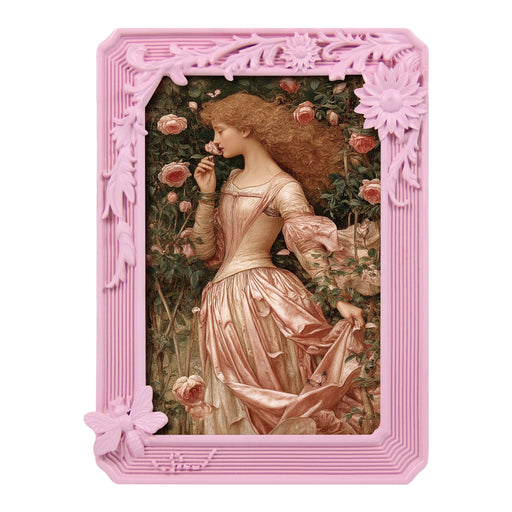 Vintage-style painting of a woman in a pink dress with a decorative pink frame.