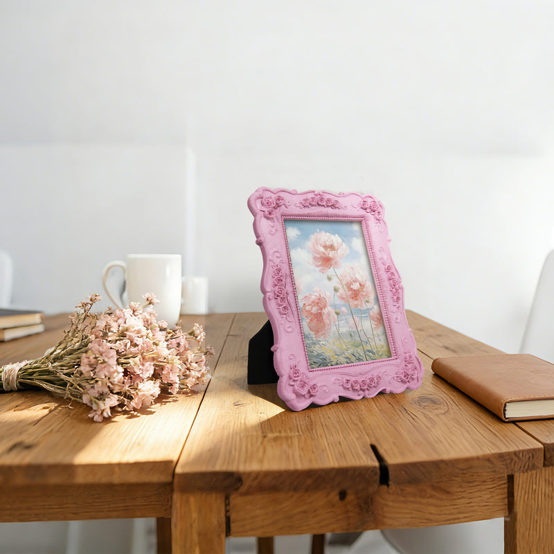 Pink Picture Frames 4x6 for Wall and Desk Display, Vintage 4 x 6 Picture Frame with Hand Carved Roses Flowers Detail, Rustic House Living Room Shelf Decor