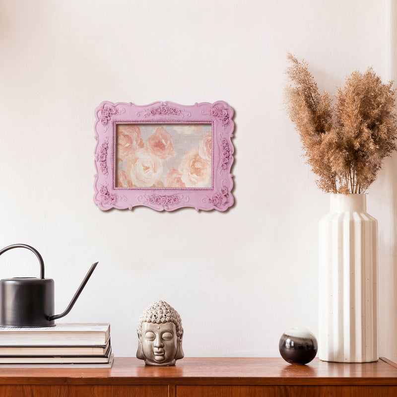 Pink Picture Frames 4x6 for Wall and Desk Display, Vintage 4 x 6 Picture Frame with Hand Carved Roses Flowers Detail, Rustic House Living Room Shelf Decor