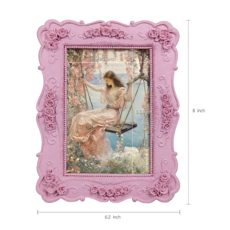 Pink Picture Frames 4x6 for Wall and Desk Display, Vintage 4 x 6 Picture Frame with Hand Carved Roses Flowers Detail, Rustic House Living Room Shelf Decor