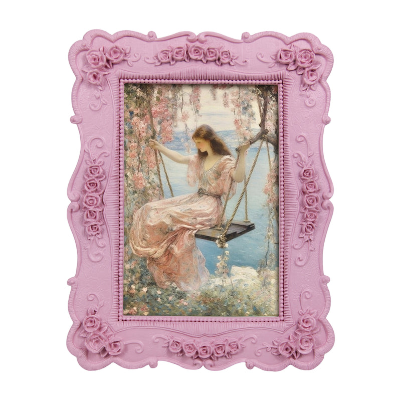 Pink Picture Frames 4x6 for Wall and Desk Display, Vintage 4 x 6 Picture Frame with Hand Carved Roses Flowers Detail, Rustic House Living Room Shelf Decor