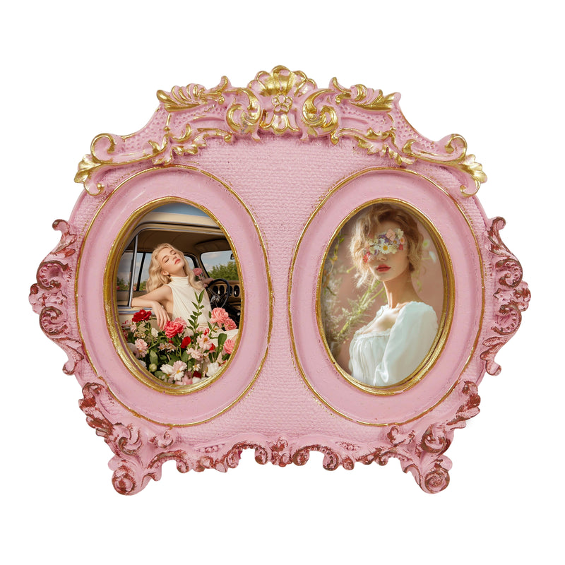 Vintage Double Picture Frame 2.5x3.5, Pink Twin Photo Frames Horizontal for Family Couple Portraits, Antique Style Bedside Table Shelf Desk Décor