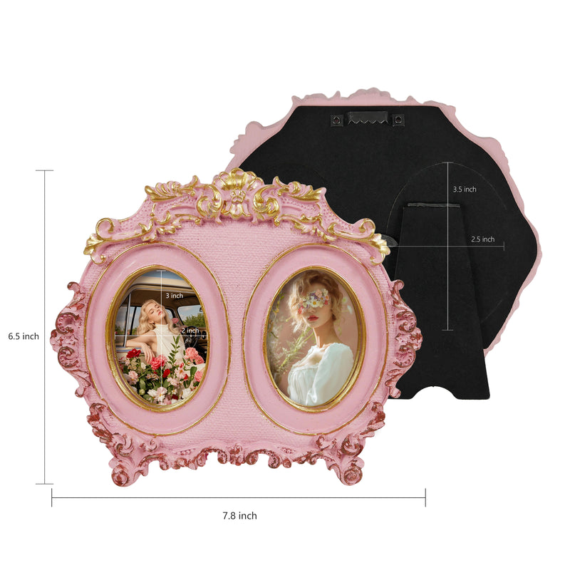 Vintage Double Picture Frame 2.5x3.5, Pink Twin Photo Frames Horizontal for Family Couple Portraits, Antique Style Bedside Table Shelf Desk Décor