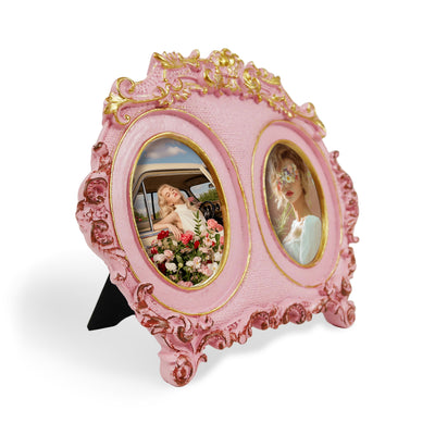 Pink 2.5x3.5 vintage double oval 2-opening picture frame for wallet-size photos for wall and tabletop display
