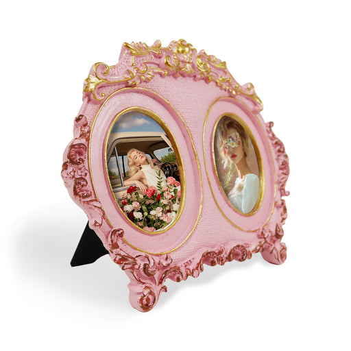 Pink 2.5x3.5 vintage double oval 2-opening picture frame for wallet-size photos for wall and tabletop display