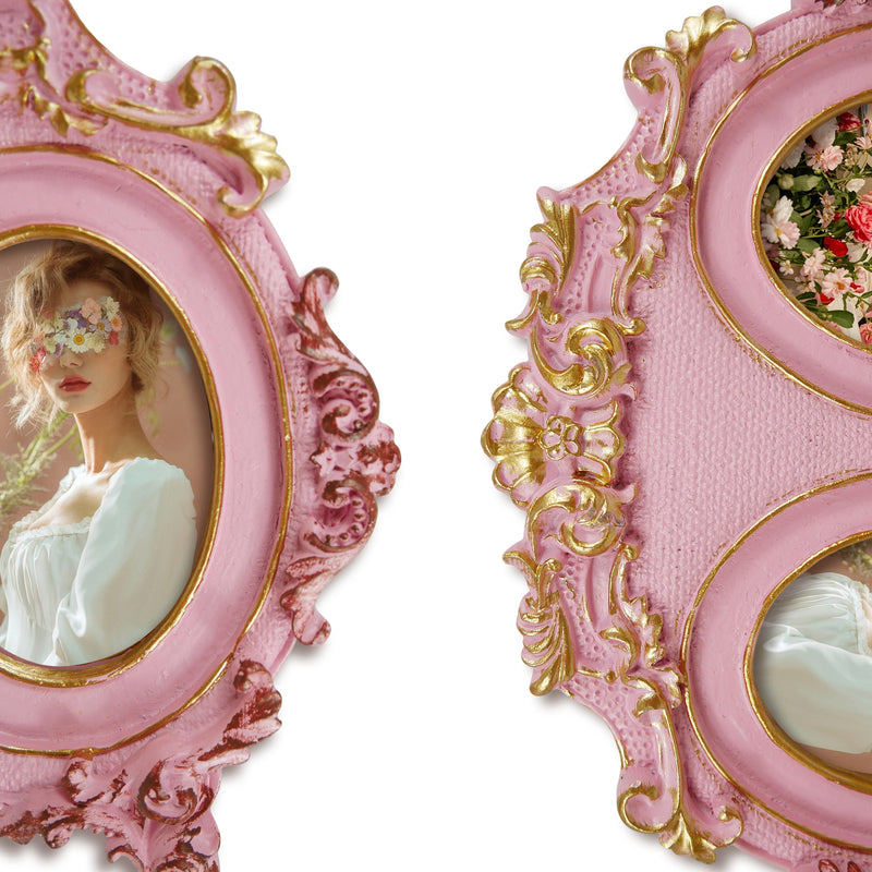 Vintage Double Picture Frame 2.5x3.5, Pink Twin Photo Frames Horizontal for Family Couple Portraits, Antique Style Bedside Table Shelf Desk Décor