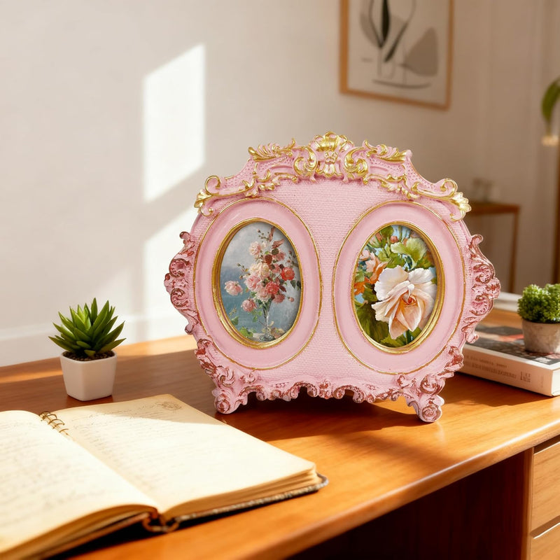 Vintage Double Picture Frame 2.5x3.5, Pink Twin Photo Frames Horizontal for Family Couple Portraits, Antique Style Bedside Table Shelf Desk Décor