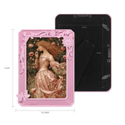 Pink decorative case with vintage-style illustration of a woman and roses, shown with dimensions on a white background.
