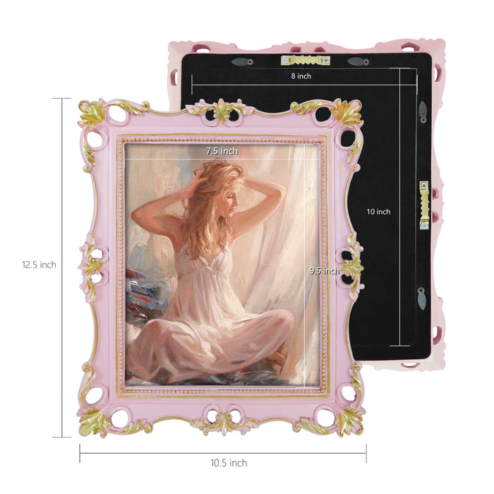 An ornate vintage-inspired picture frame with pink edges and gold accents, designed for an 8x10-inch picture, featuring a decorative painting of a woman inside.