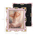An ornate vintage-inspired picture frame with pink edges and gold accents, designed for an 8x10-inch picture, featuring a decorative painting of a woman inside.