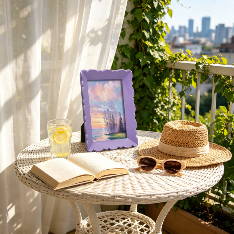 Table with book, lemonade, framed picture, sunglasses, and straw hat on a balcony with cityscape view.