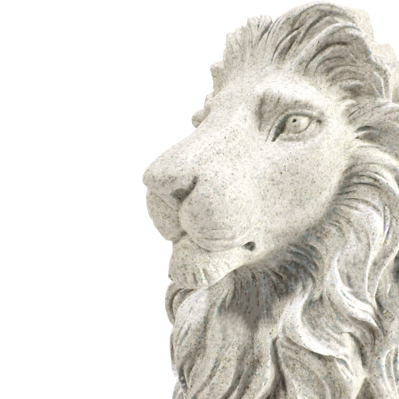 The lion sculpture is made from resin, with a beige finish that enhances its intricate textures.