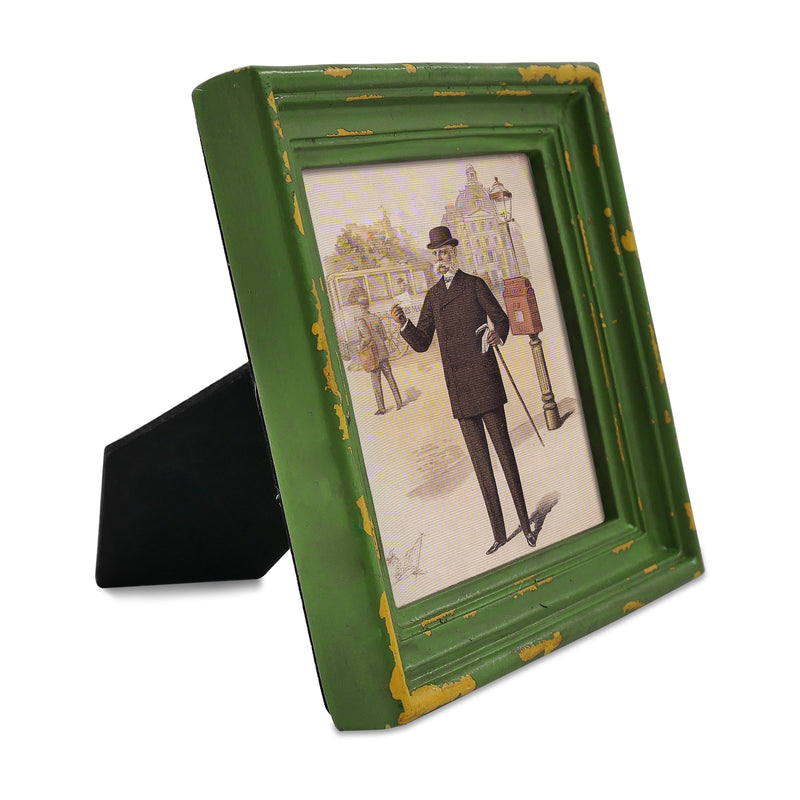 Rustic green vintage 4x4 hand-painted picture frame for wall and tabletop display, hand-painted
