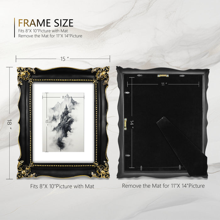 Ornate Black Picture Frame with Gold Accents – 8x10" / 11x14'' Photo Display