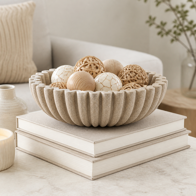 10” Sand Beige Catchall Bowls for Entryway Console Centerpiece Coffee Table Mantel Shelf Decor, Modern Decorative Bowl