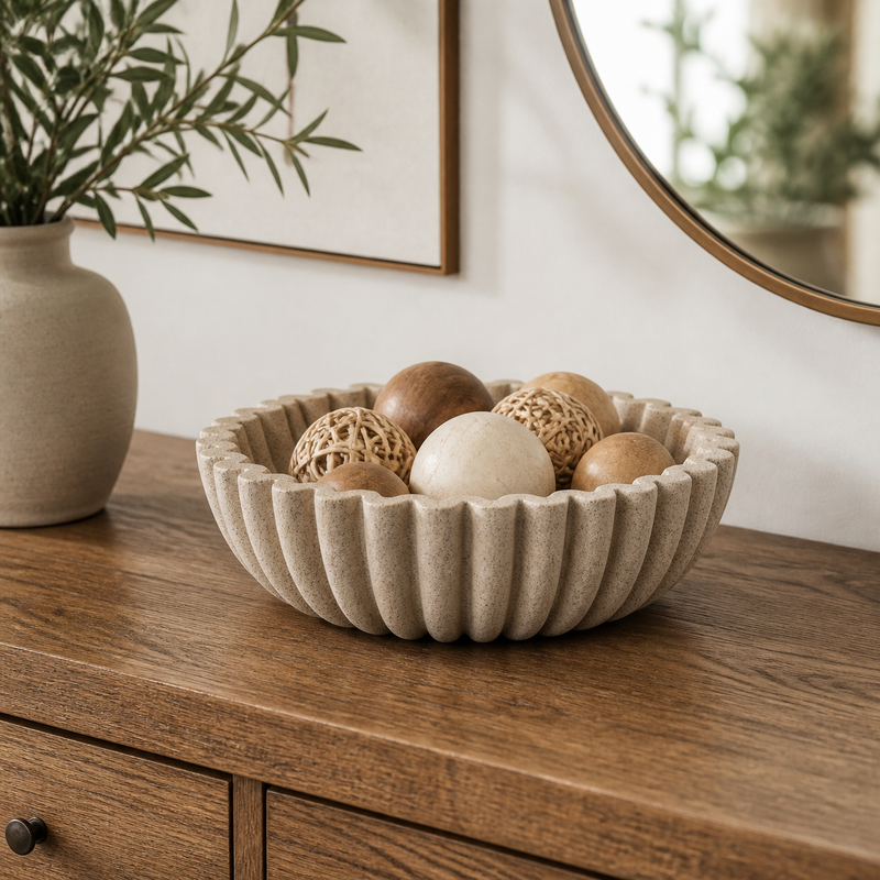 10” Sand Beige Catchall Bowls for Entryway Console Centerpiece Coffee Table Mantel Shelf Decor, Modern Decorative Bowl