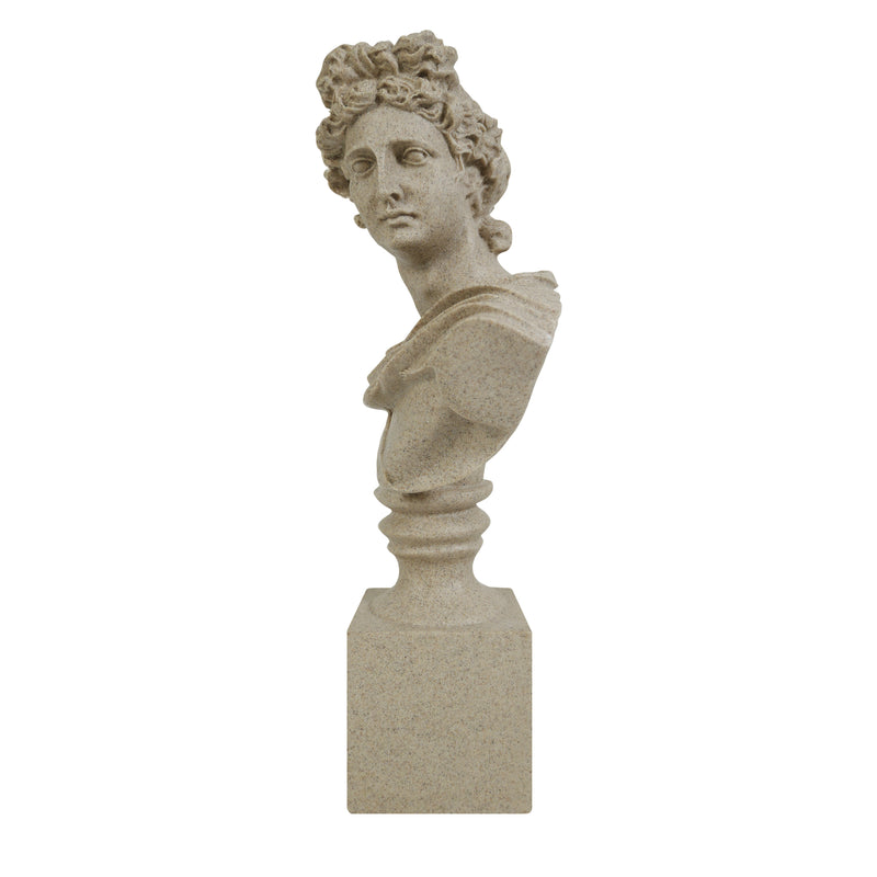 Stone Apollo bust sculpture on a white background.