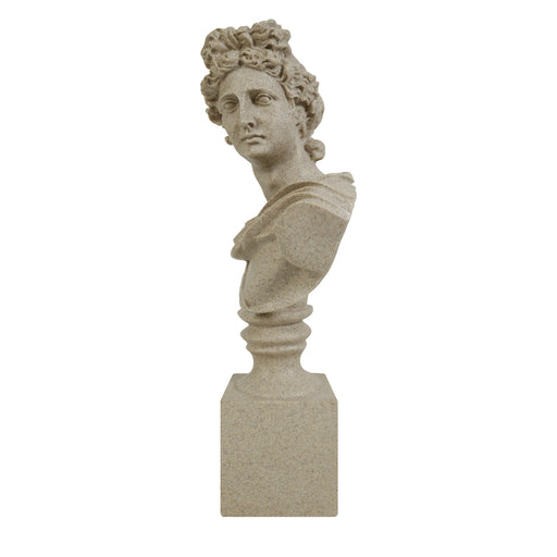 Stone Apollo bust sculpture on a white background.