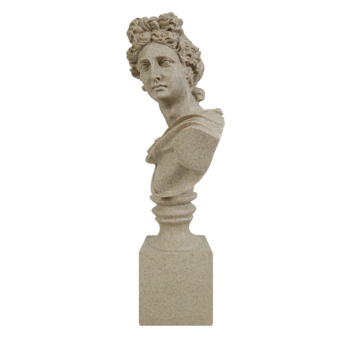 Stone Apollo bust sculpture on a white background.
