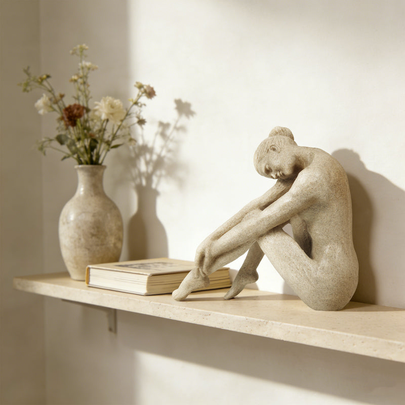 Modern Abstract Seated Female Sculpture, Lady Figurative Statue for Tabletop Shelf Bookshelf, Contemporary Home Décor Accent