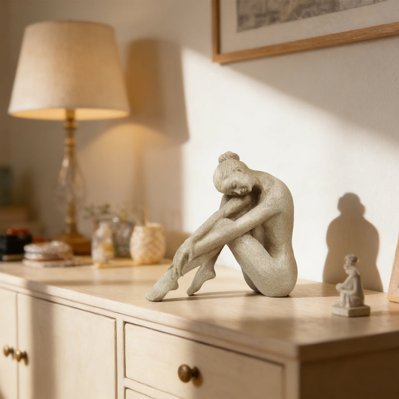 Modern Abstract Seated Female Sculpture, Lady Figurative Statue for Tabletop Shelf Bookshelf, Contemporary Home Décor Accent