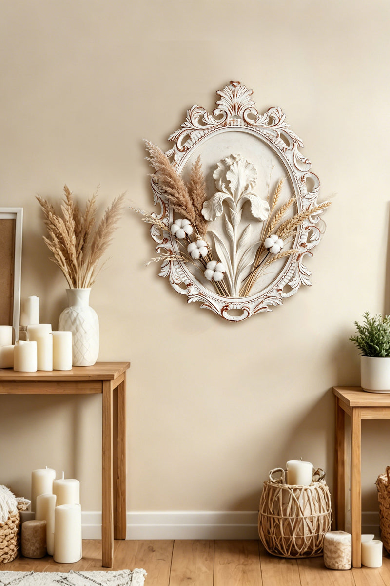 Decorative wall art with floral design in a living room setting.
