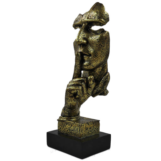 A bronze sculpture of a thinker's face, depicting a silent, reflective pose, placed on a black base.